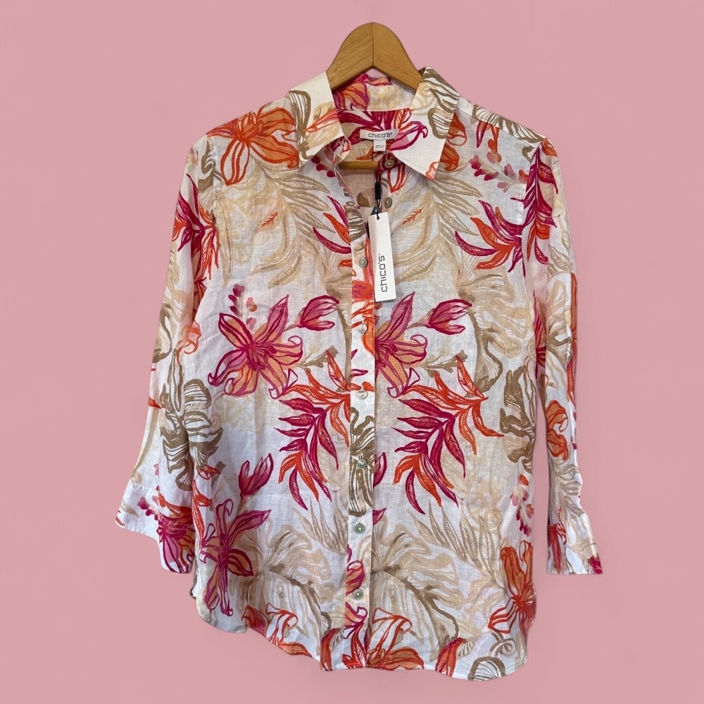Chico's Wms NWT Linen No Iron Floral 3/4 Sleeve Button Down Blouse Size .5(US 6)